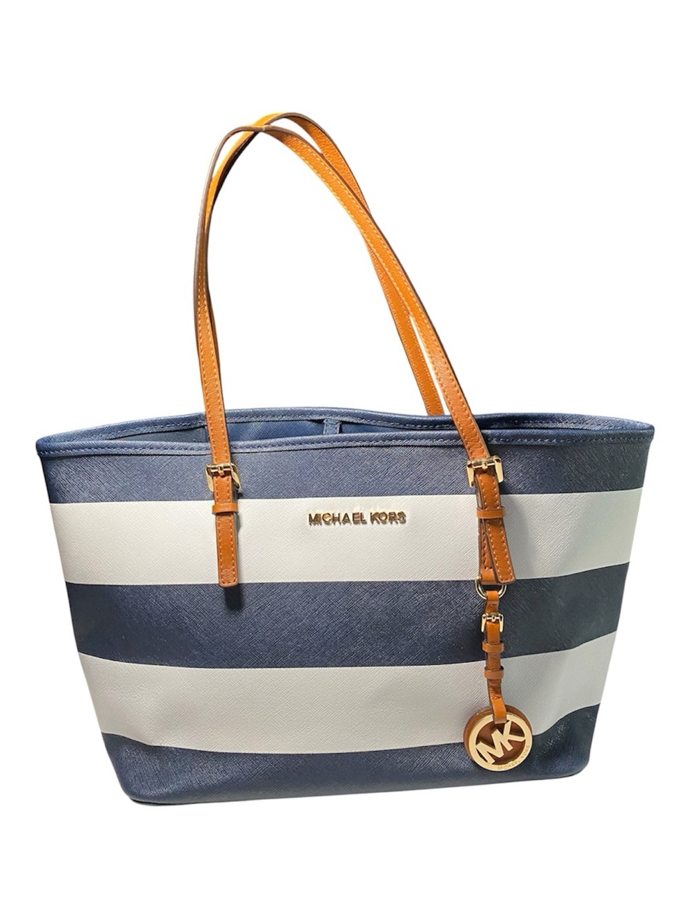 Michael  Kors Jet Set Travel Tote Bag White  Navy Stripe Saffiano Leather Purse